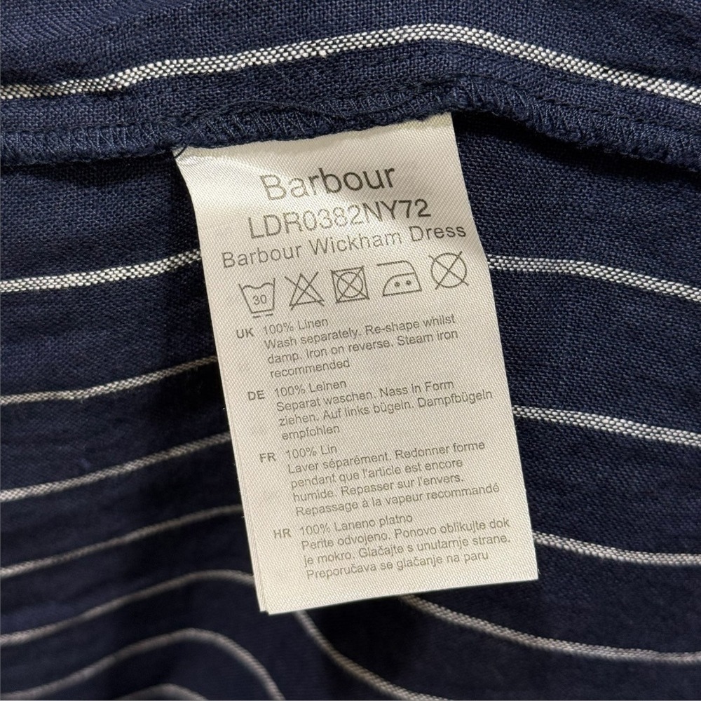 Barbour Marina Fogle Wickham Dress Navy Blue Pinstripe 100% Linen Midi Womens 4 - Picture 4 of 9